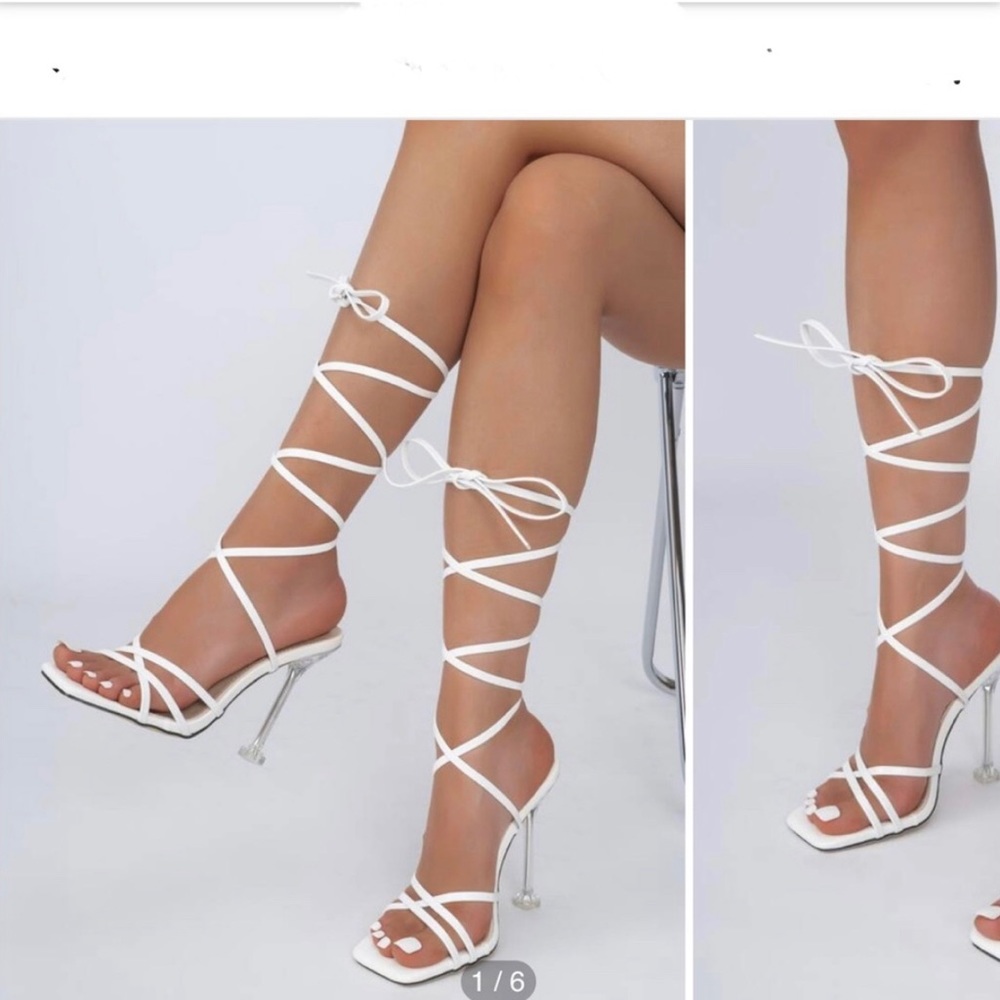🔥🔛ALL WHITE TIE UP YOUR LEG SQUARE TOE 4 INCH HEELS👠SO MANY WAYS TO WEAR THEM - Picture 7 of 12